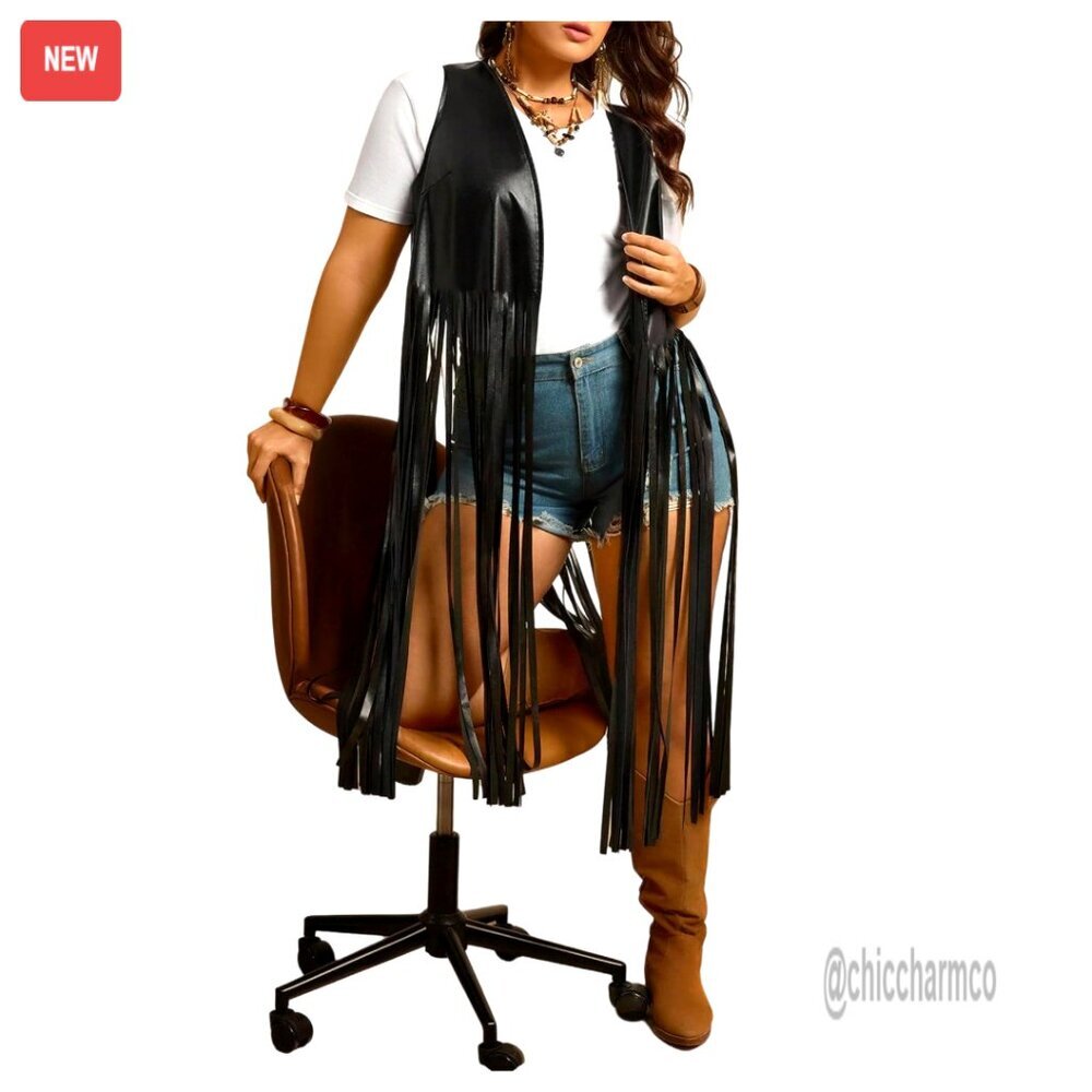 Plus Size Western Fringe Vest Boho Tassel Suede Sleeveless Jacket 70s Outfit